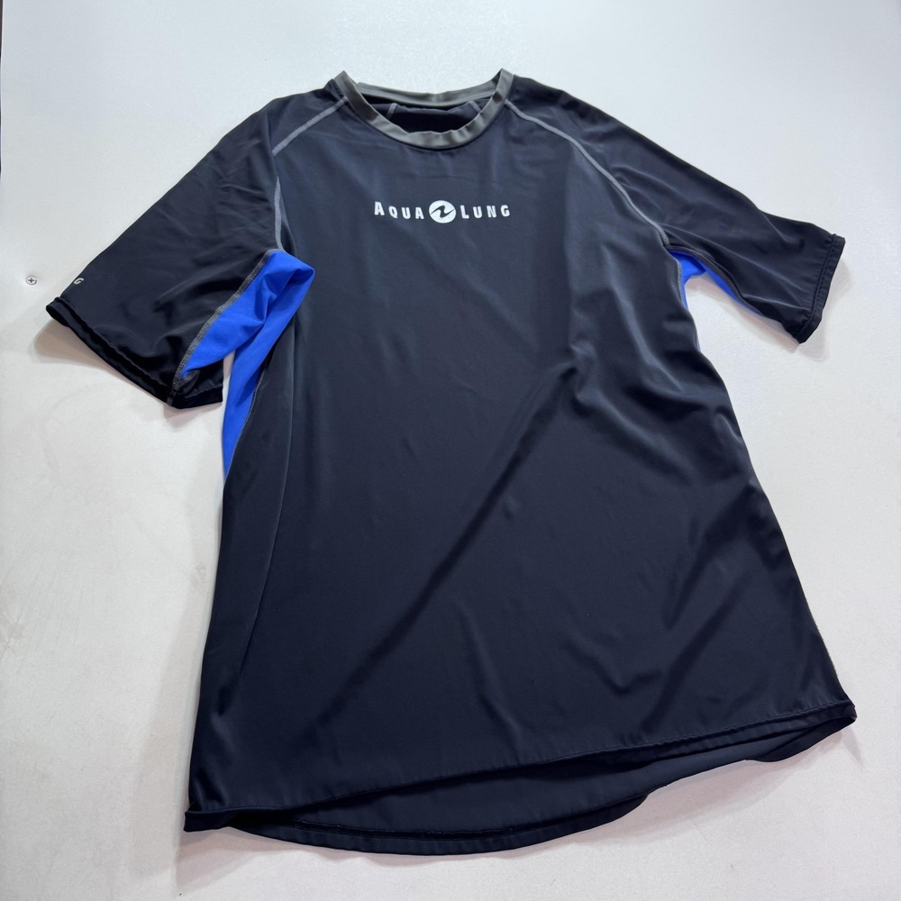 Aqua Lung Rash Guard Shirt Mens XL Black Blue Short Sleeve UPF 50 Swim Dive
